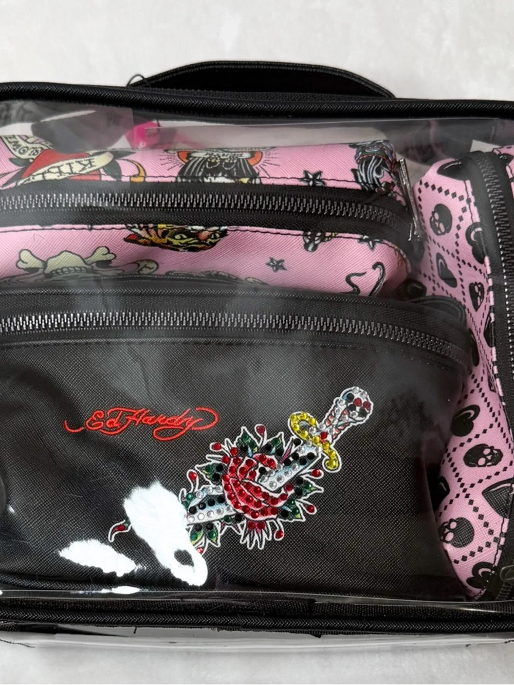 NWT Ed Hardy 4PC Travel Cosmetic Case Set Pink Skull Y2K